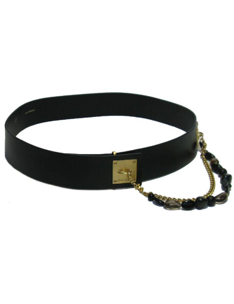  CHANEL belt 85FR in black leather and double chain in gold mesh and dark stones 