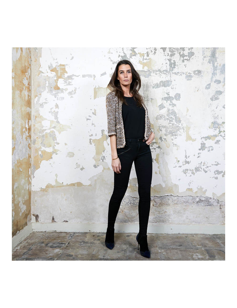 CHANEL vest in gold, navy and ecru knit size 36FR