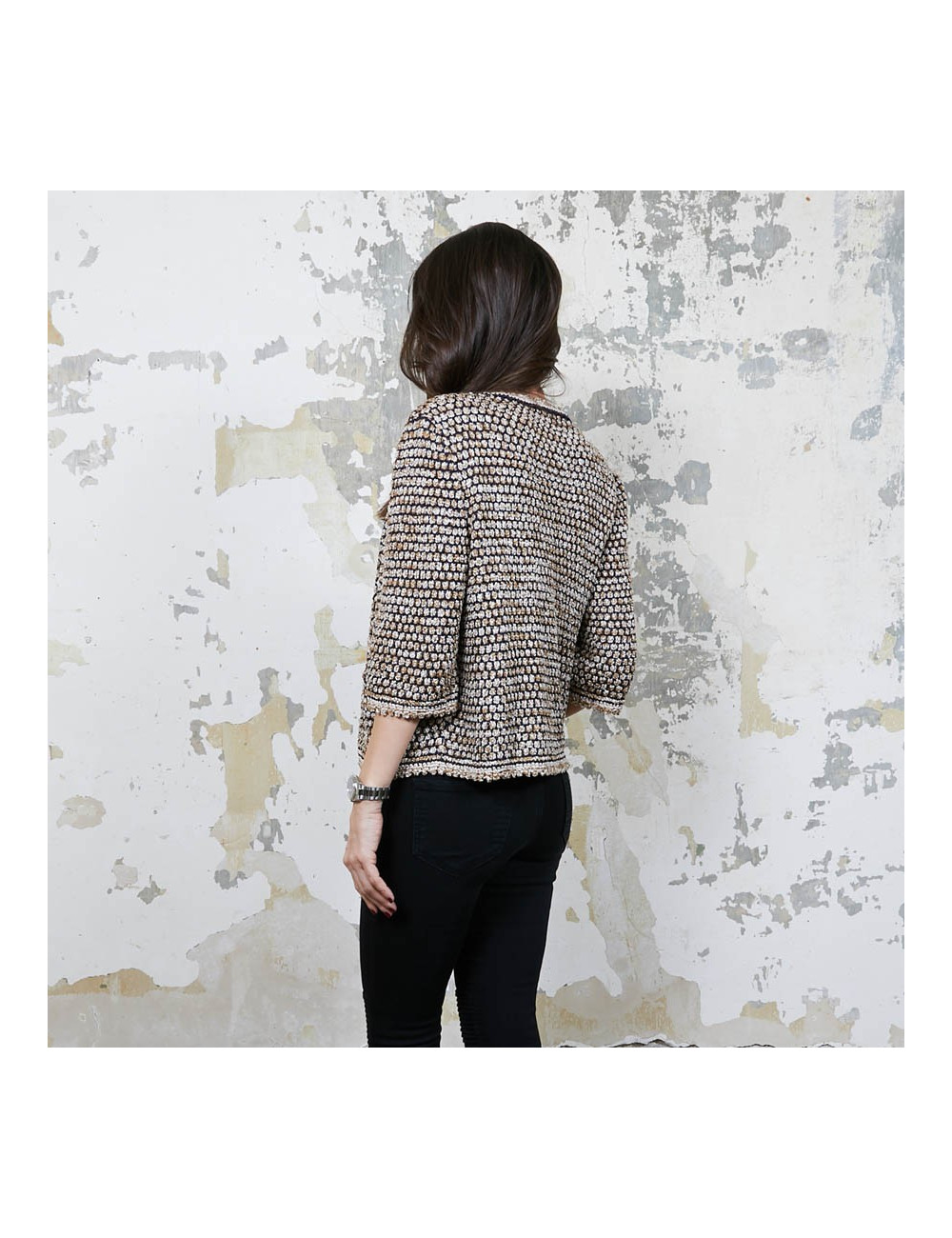 CHANEL vest in gold, navy and ecru knit size 36FR