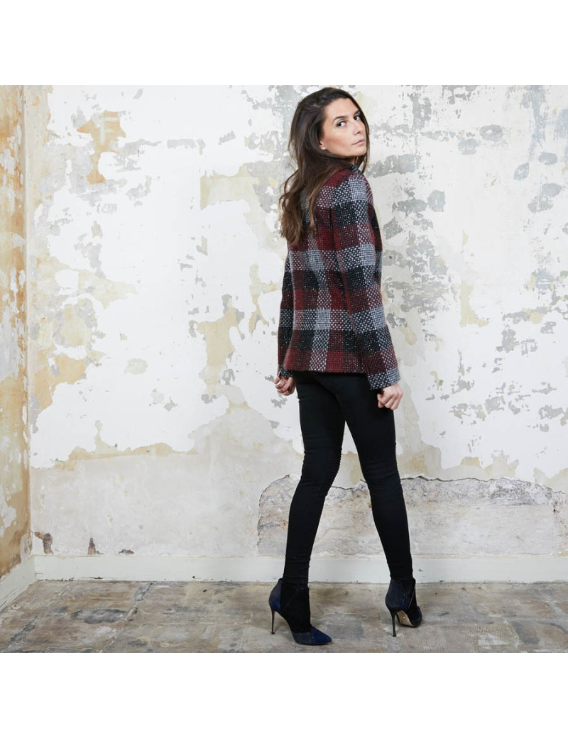 CHANEL jacket in red, silver and black check tweed size 38FR