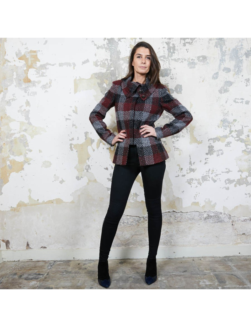 CHANEL jacket in red, silver and black check tweed size 38FR