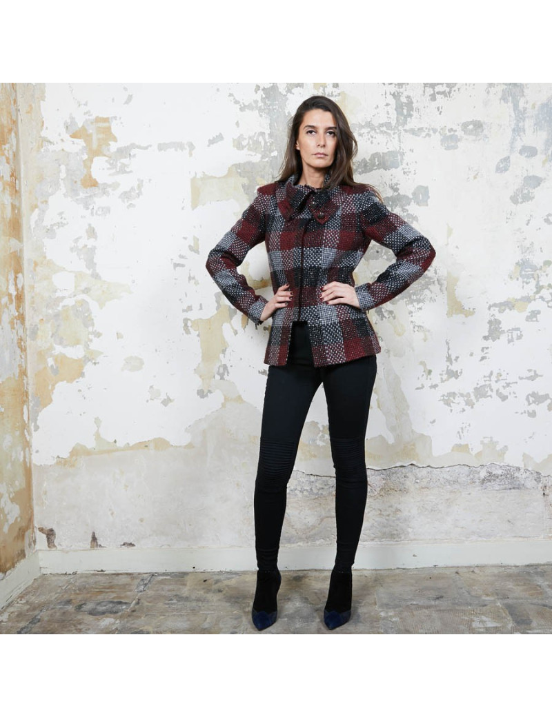 CHANEL jacket in red, silver and black check tweed size 38FR