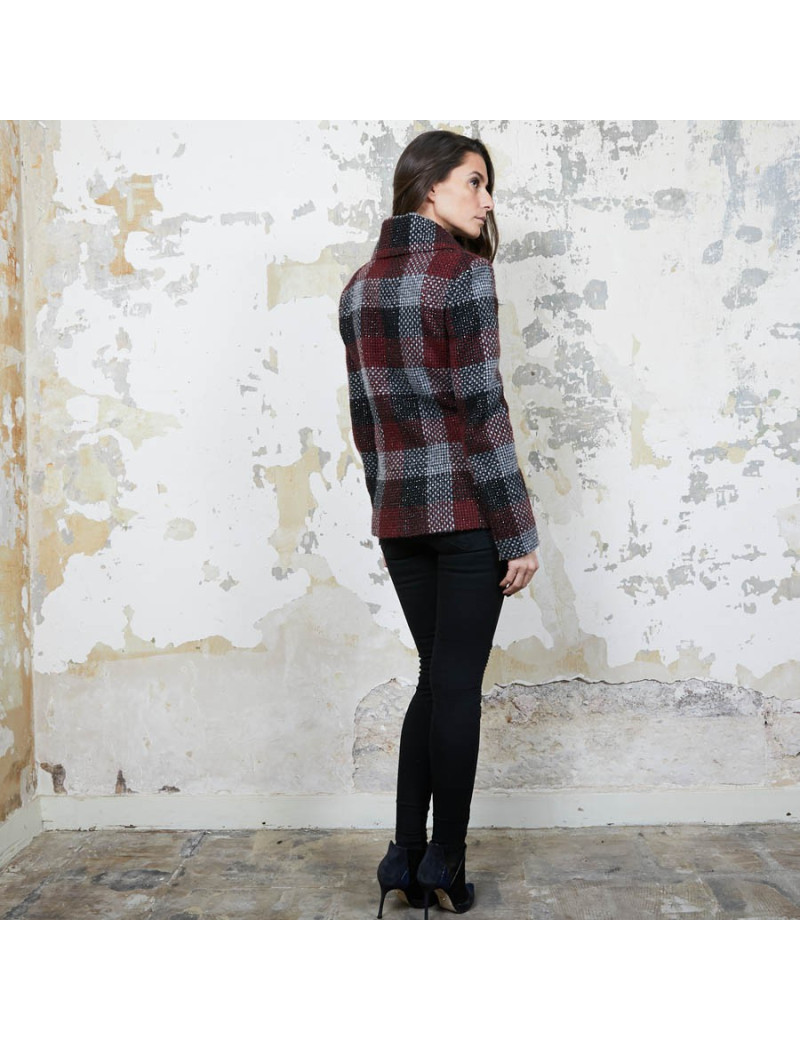 CHANEL jacket in red, silver and black check tweed size 38FR