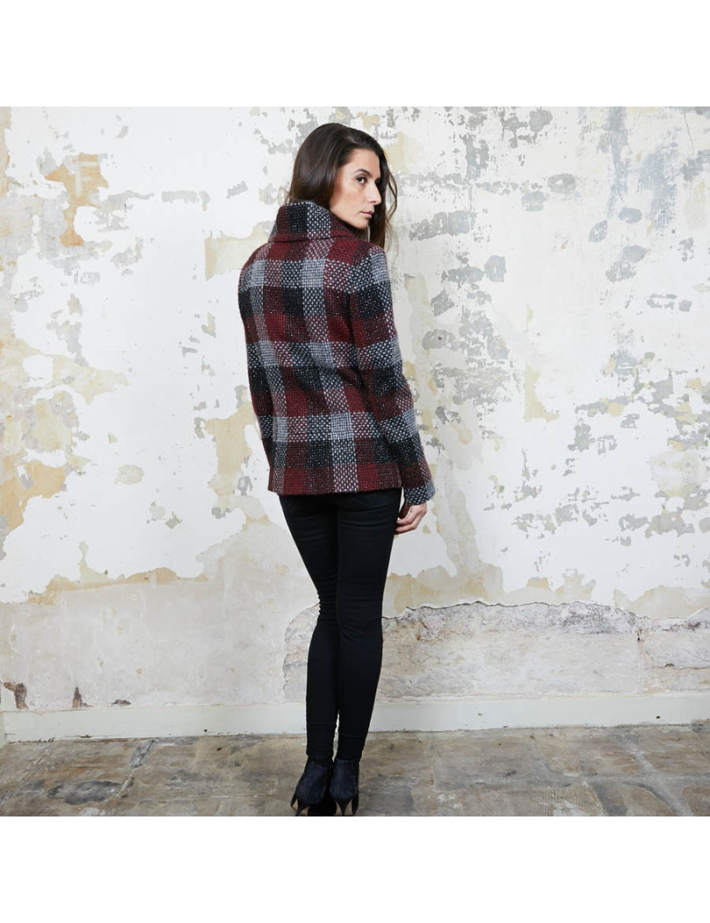 CHANEL jacket in red, silver and black check tweed size 38FR