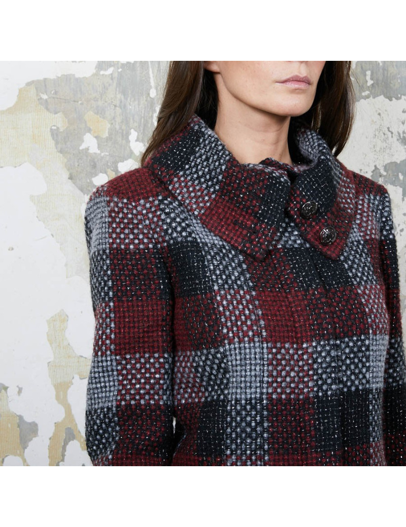 CHANEL jacket in red, silver and black check tweed size 38FR