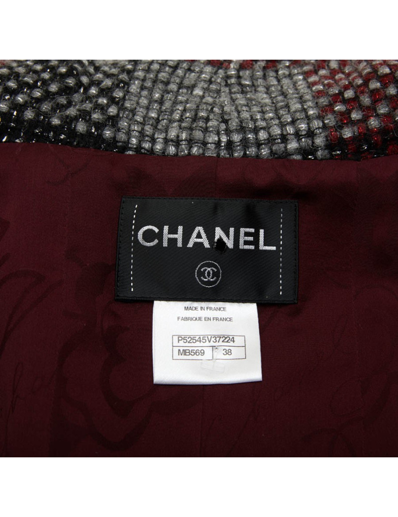 CHANEL jacket in red, silver and black check tweed size 38FR