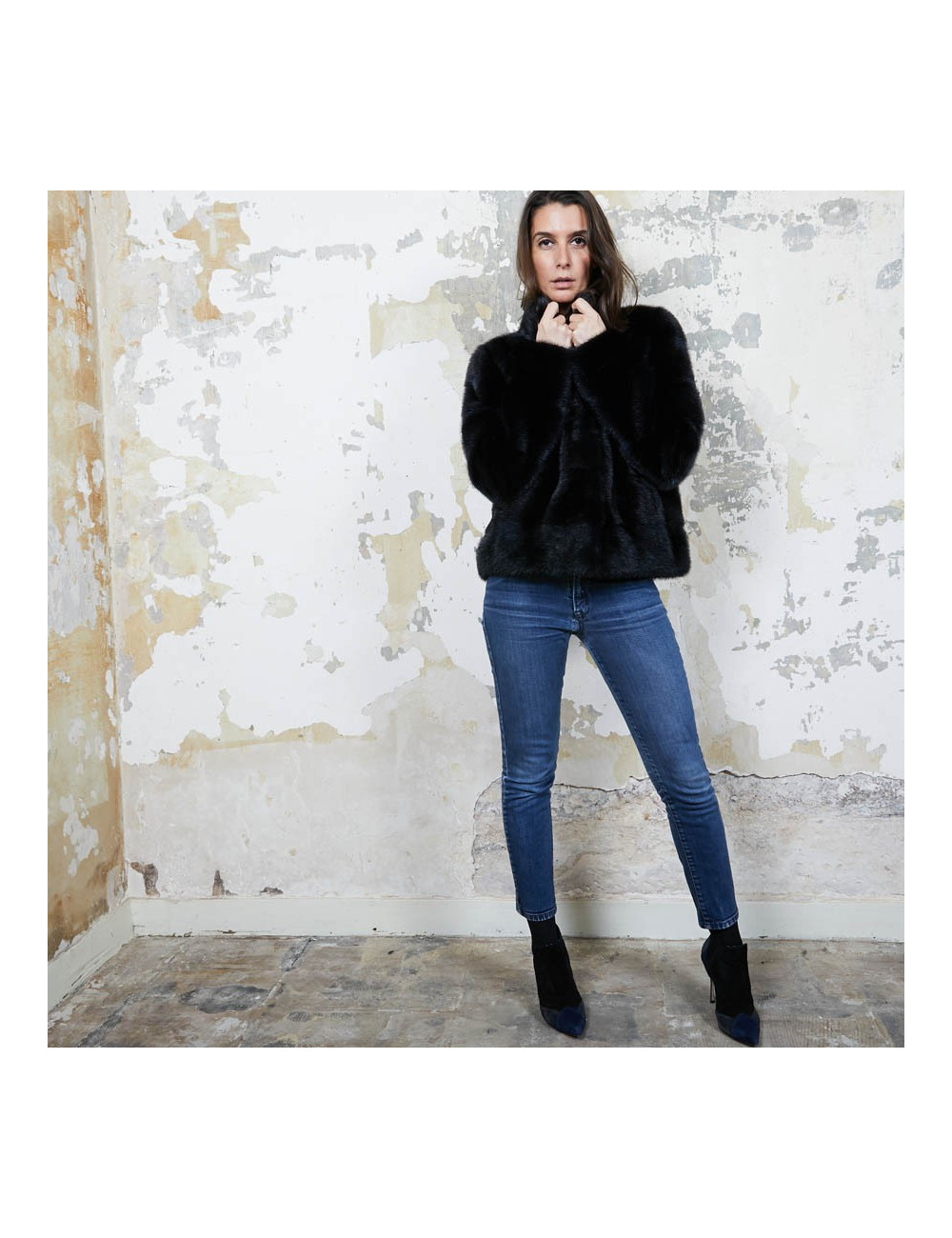 Veste  t 42 YVES SALOMON vison bleu nuit