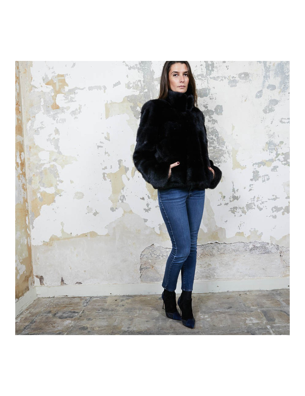 Veste  t 42 YVES SALOMON vison bleu nuit