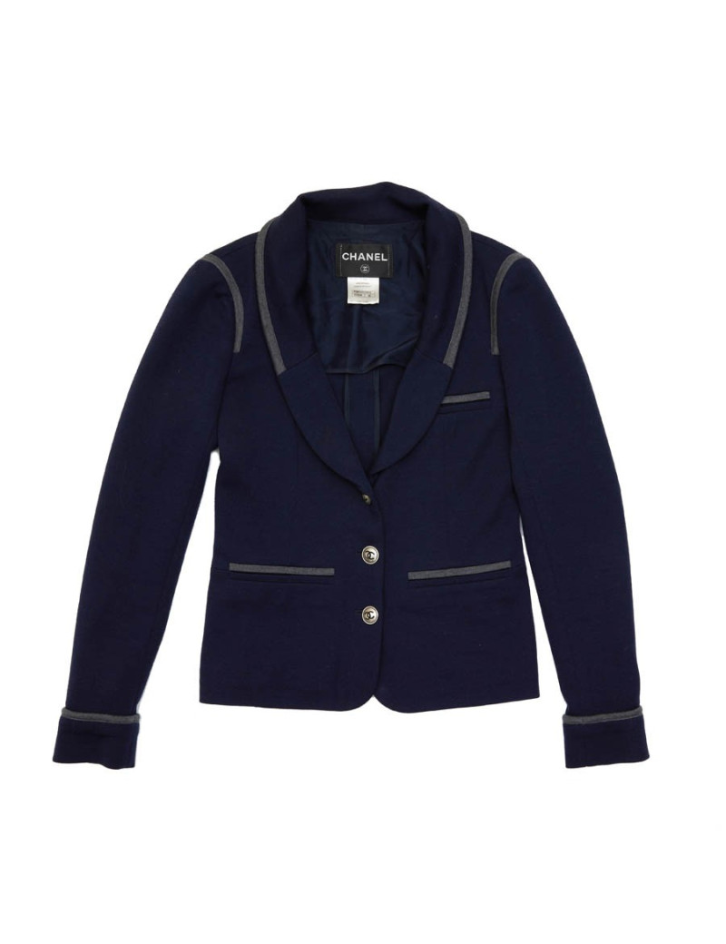 Veste CHANEL T 36 en jersey bleu et liseret gris