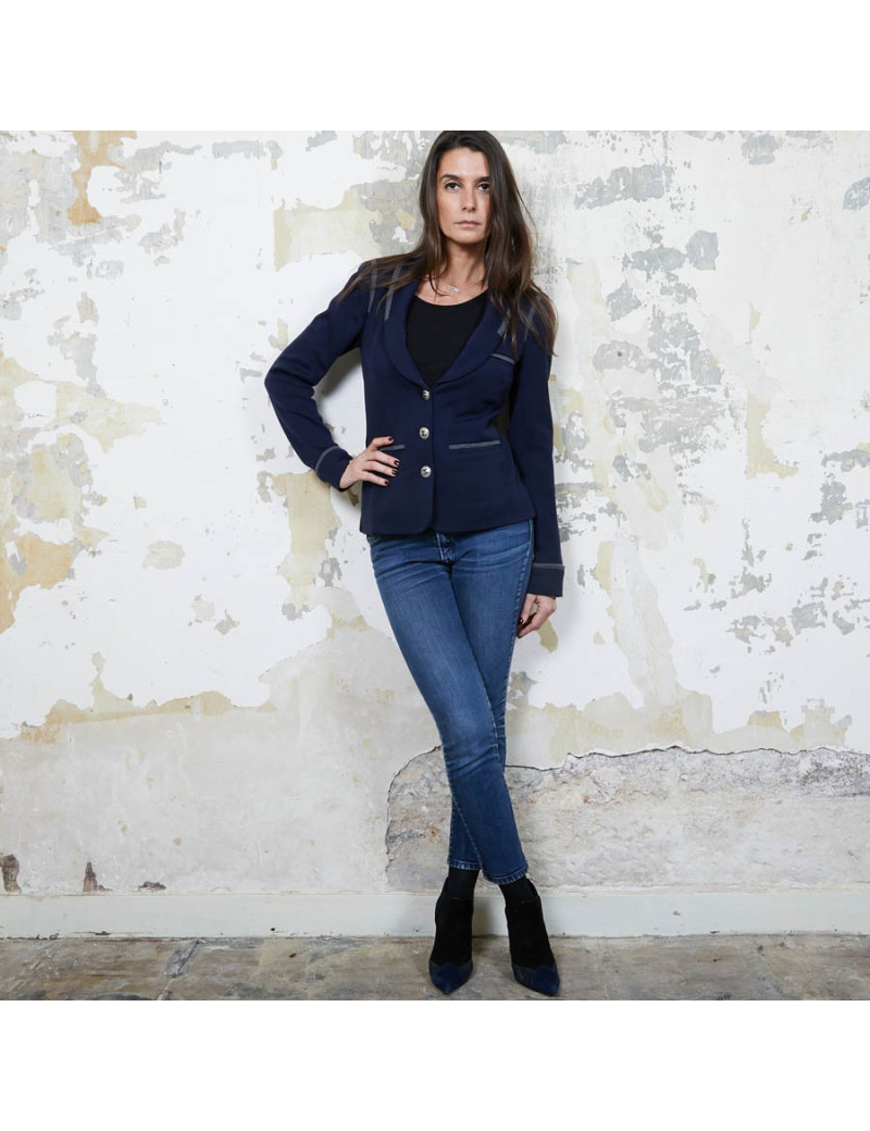 Veste CHANEL T 36 en jersey bleu et liseret gris