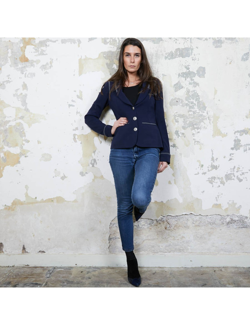 Veste CHANEL T 36 en jersey bleu et liseret gris