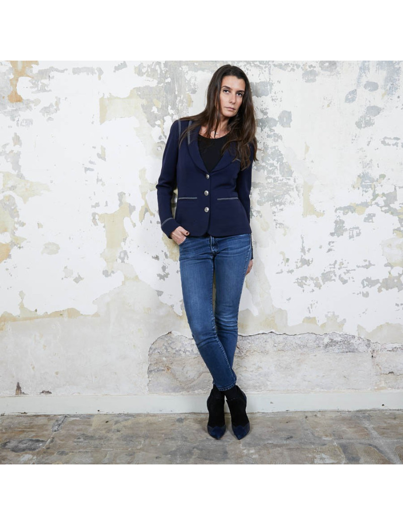 Veste CHANEL T 36 en jersey bleu et liseret gris