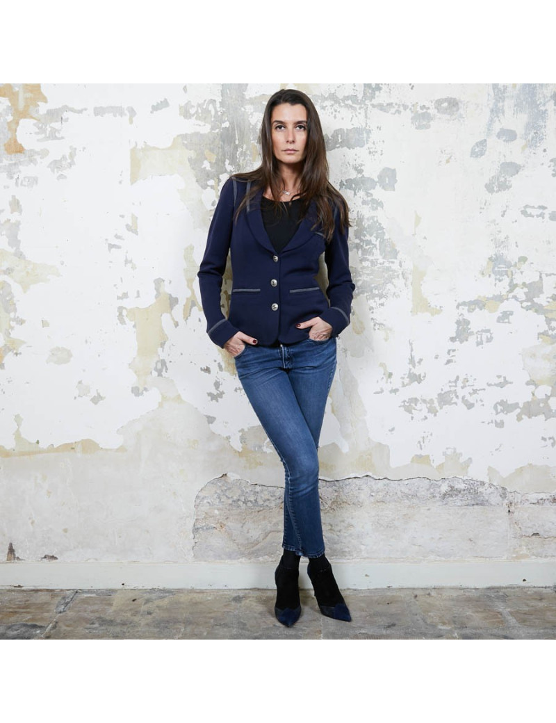 Veste CHANEL T 36 en jersey bleu et liseret gris