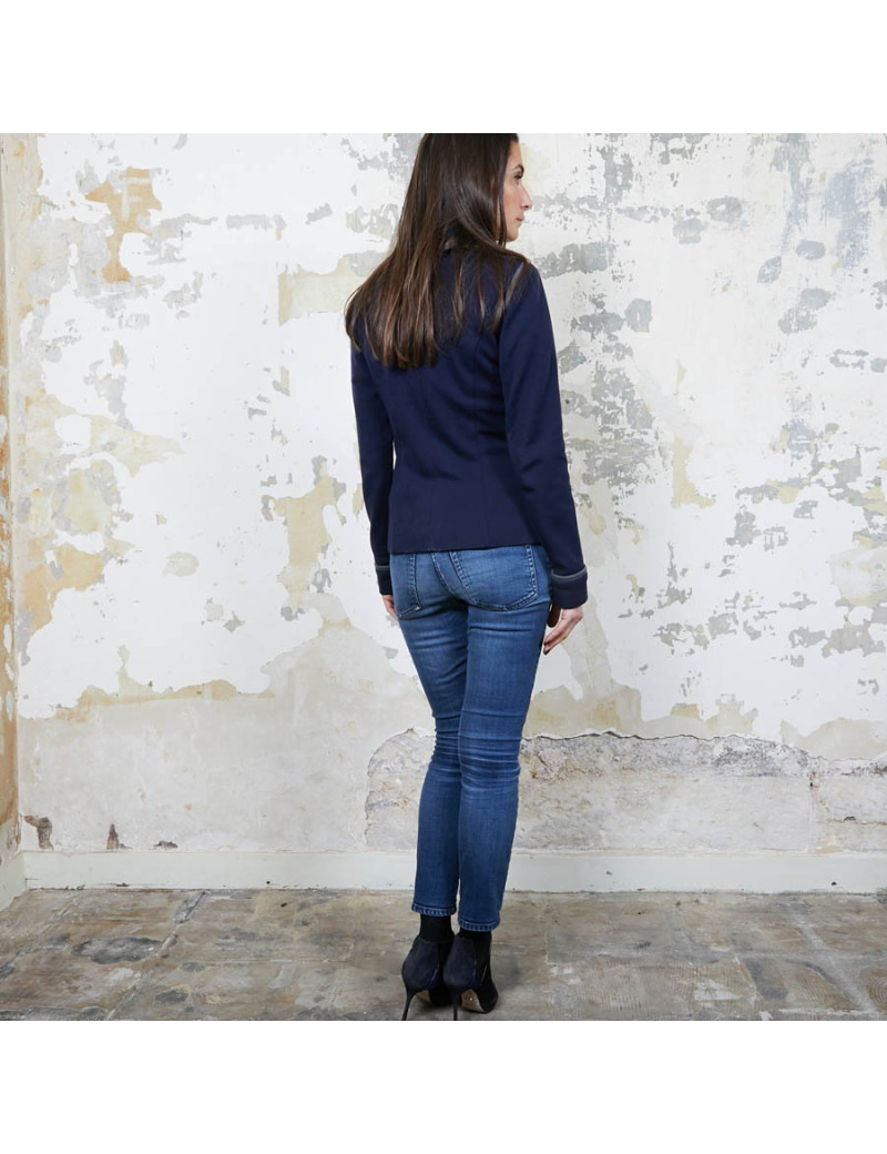 Veste CHANEL T 36 en jersey bleu et liseret gris