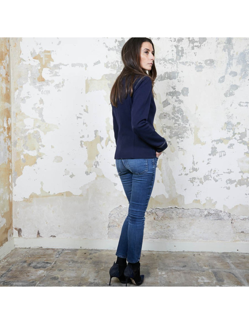 Veste CHANEL T 36 en jersey bleu et liseret gris