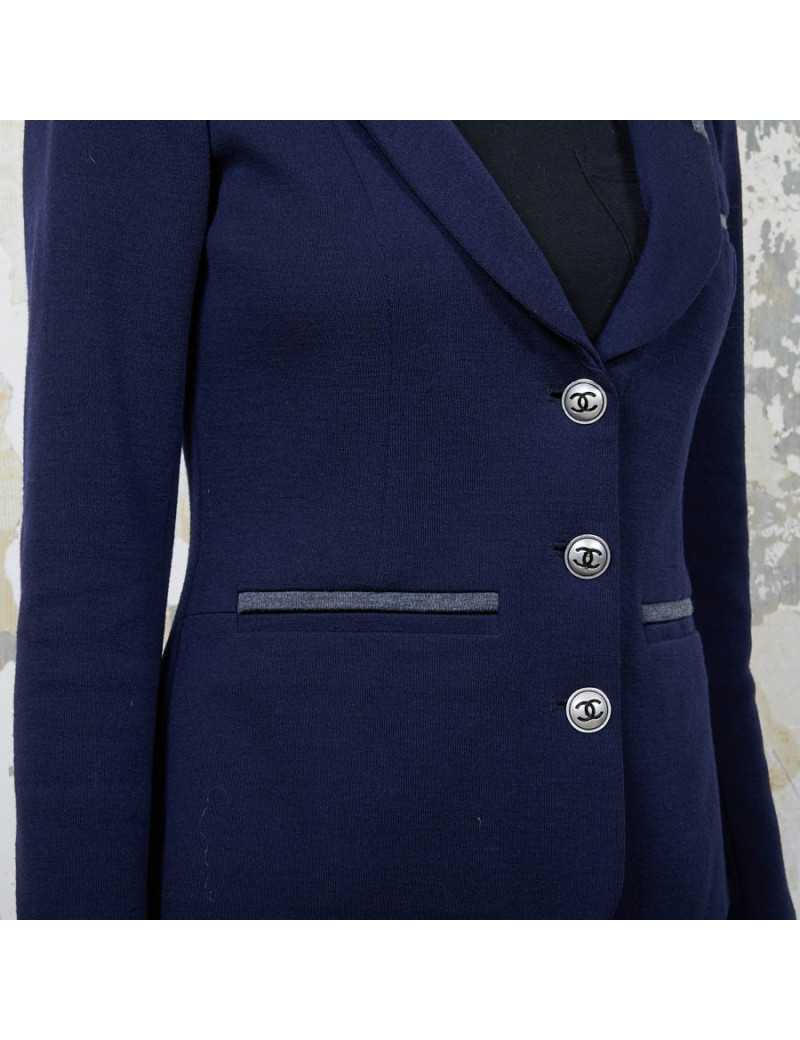 Veste CHANEL T 36 en jersey bleu et liseret gris
