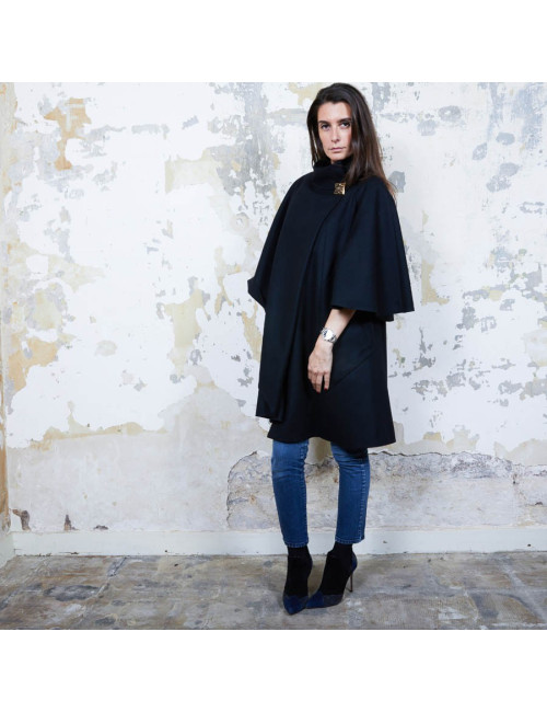 CHANEL T 34 Paris Shanghai Mid-length cape in black wool and cashmere size 34FR