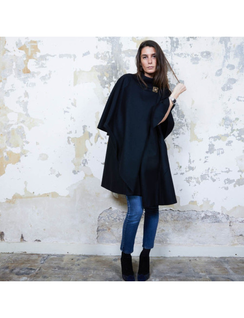 CHANEL T 34 Paris Shanghai Mid-length cape in black wool and cashmere size 34FR