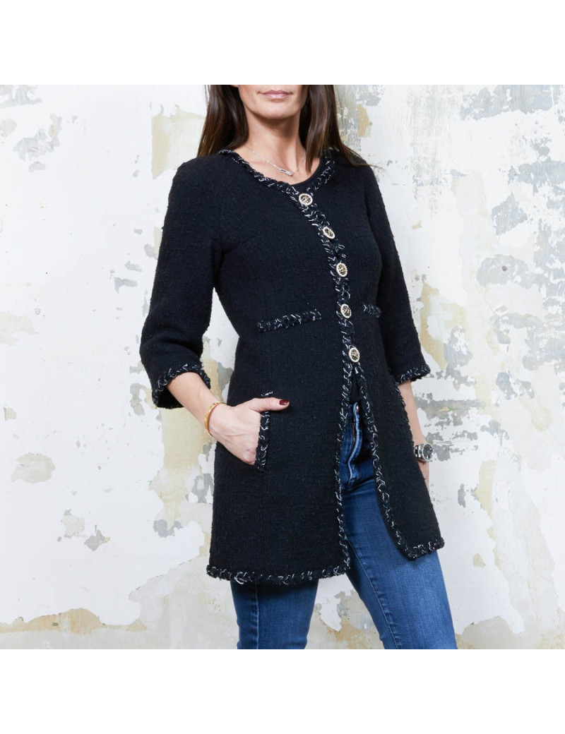 CHANEL iconic long jacket in black tweed size 34FR