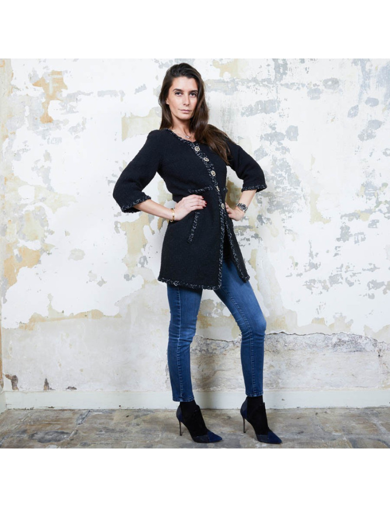 CHANEL iconic long jacket in black tweed size 34FR