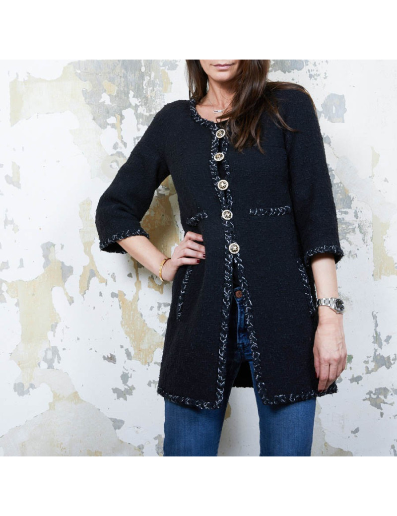 CHANEL iconic long jacket in black tweed size 34FR