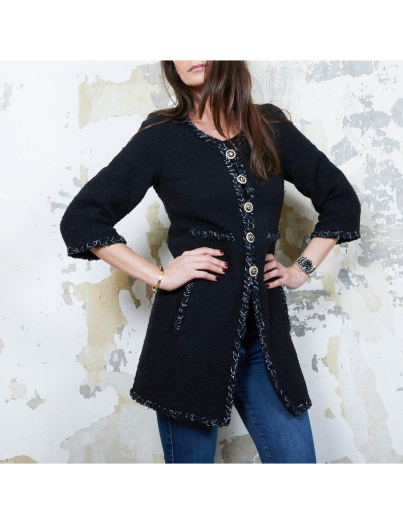 CHANEL iconic long jacket in black tweed size 34FR
