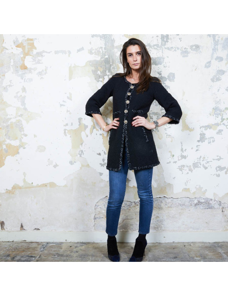 CHANEL iconic long jacket in black tweed size 34FR