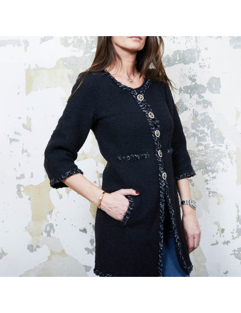 CHANEL iconic long jacket in black tweed size 34FR