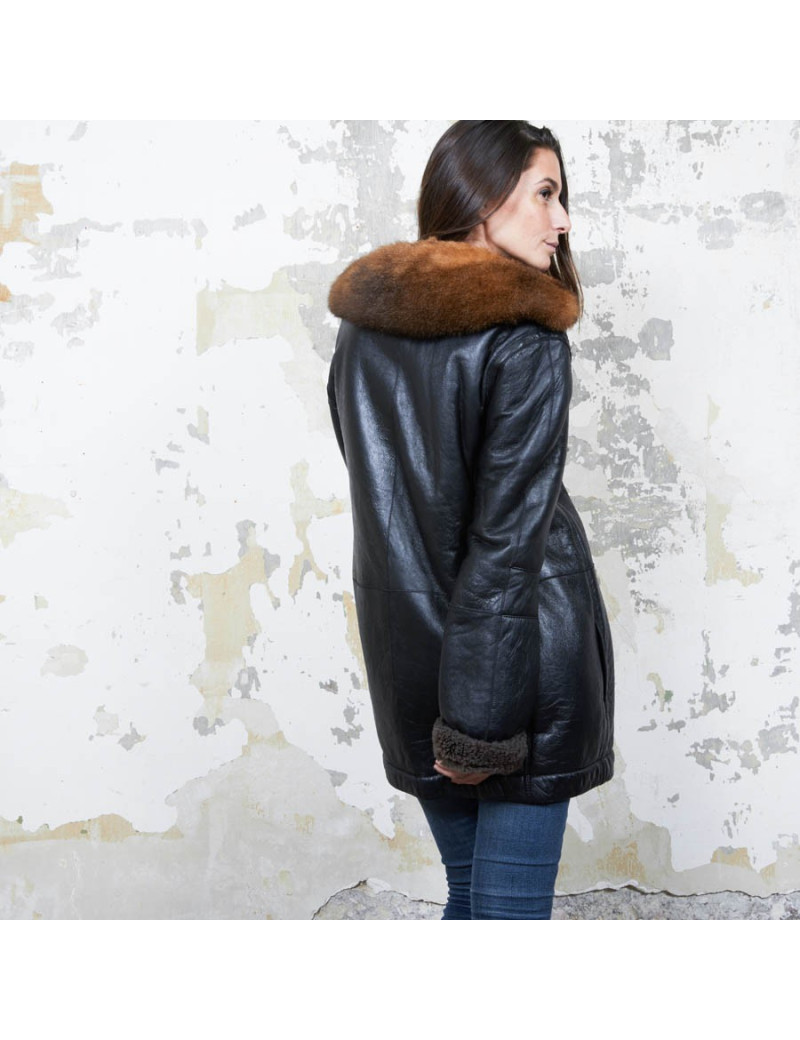 BALENCIAGA mid-length coat in brown returned lambskin leather and aged leather