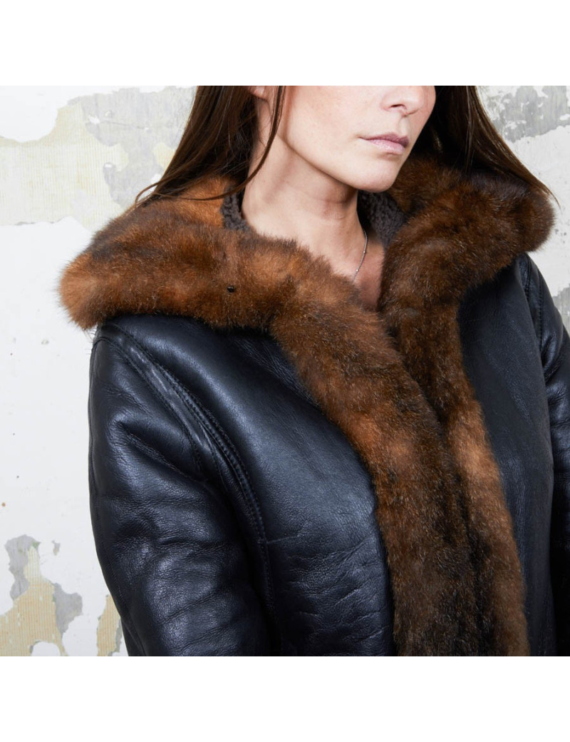 BALENCIAGA mid-length coat in brown returned lambskin leather and aged leather