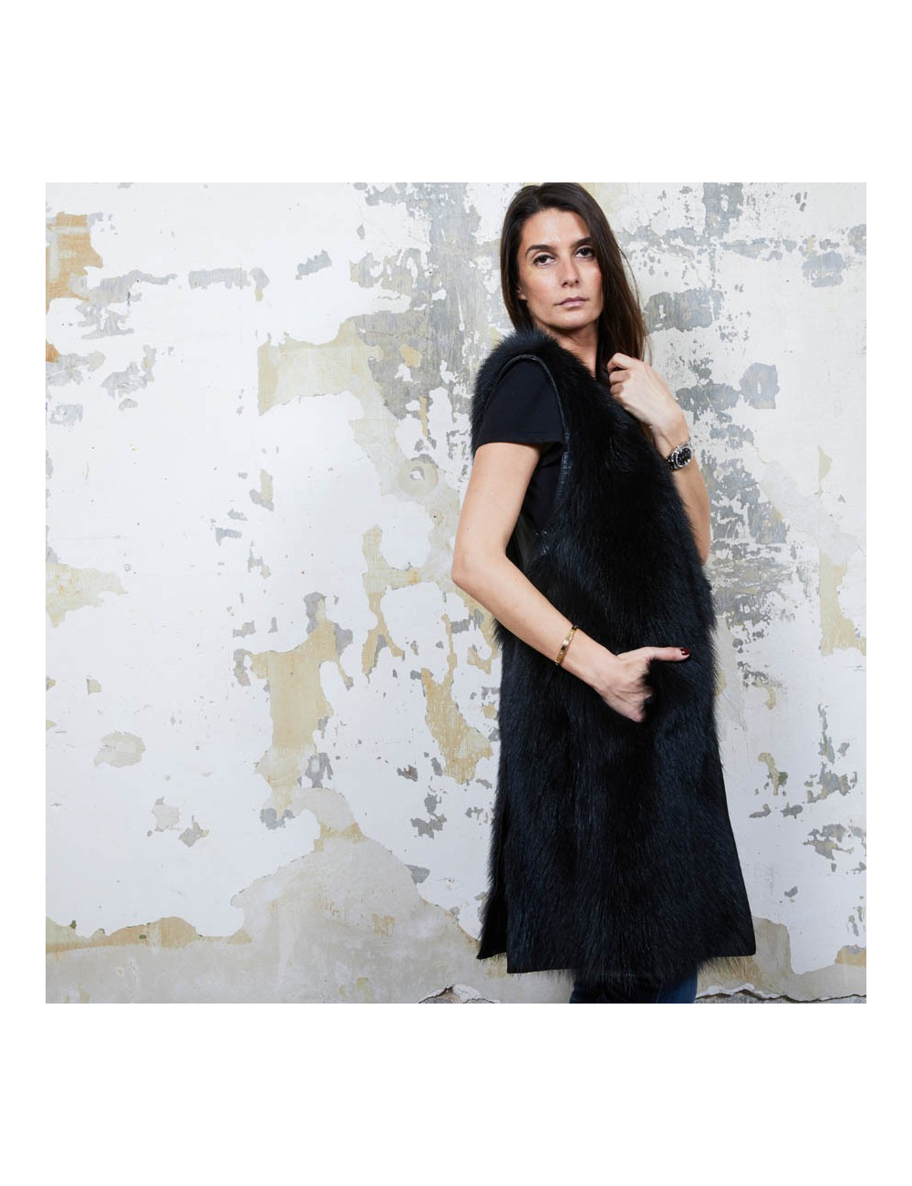 Veste longue t 40 GIVENCHY en fourrure et cuir noir