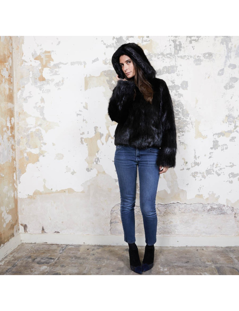 CHLOE hooded jacket in black shiny beaver fur size 38FR