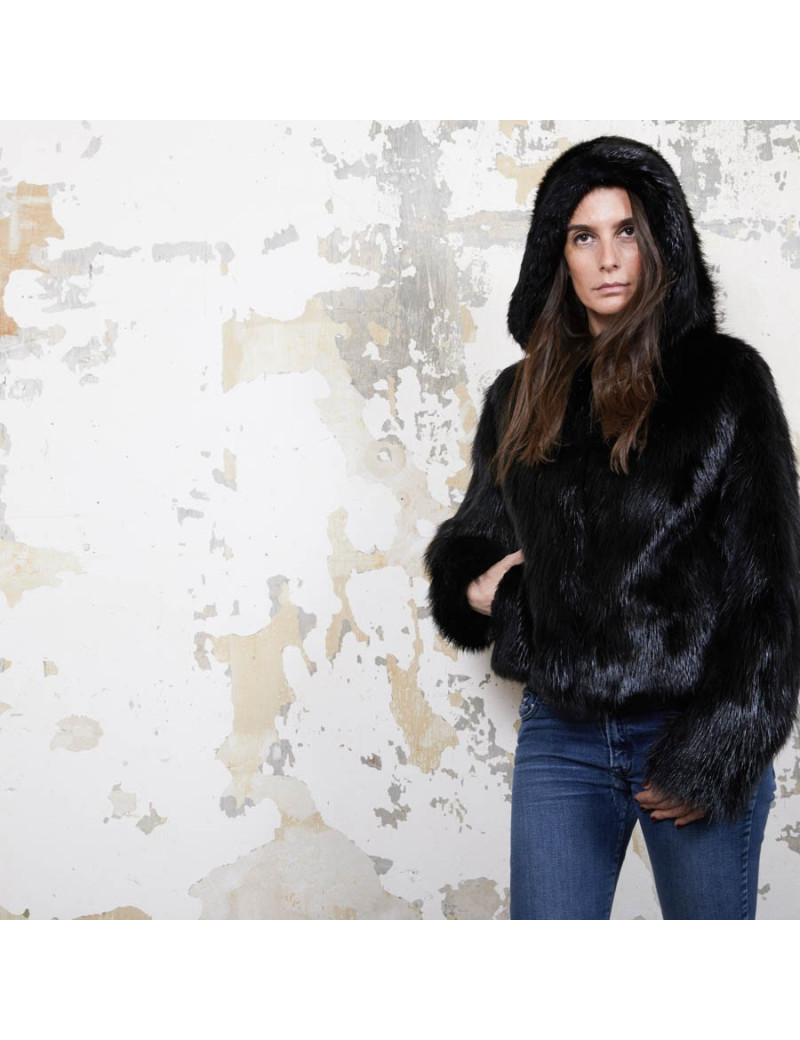CHLOE hooded jacket in black shiny beaver fur size 38FR