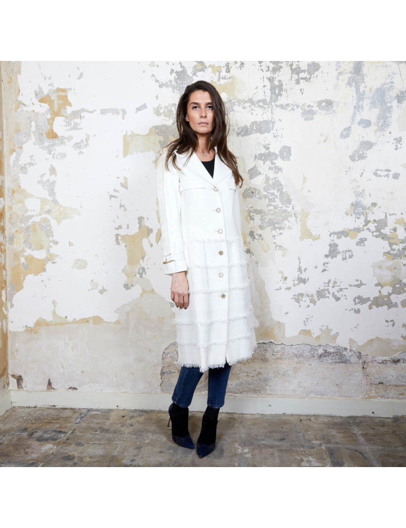 Manteau CHANEL T  cuir et tweed bege