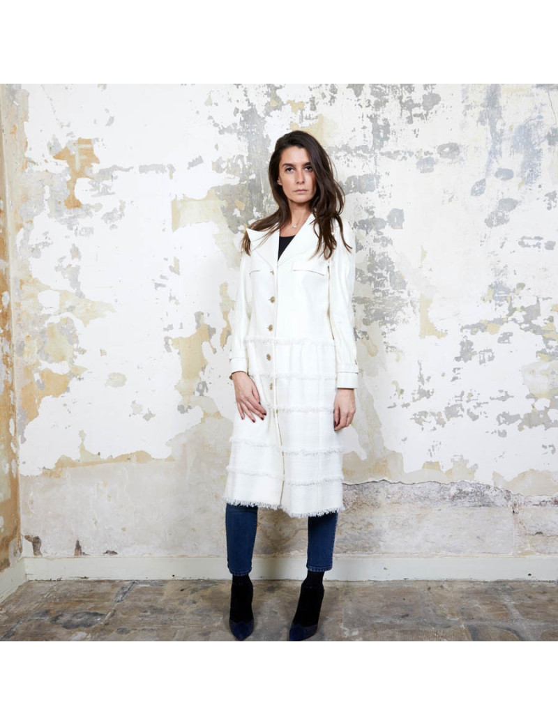 Manteau CHANEL T  cuir et tweed bege