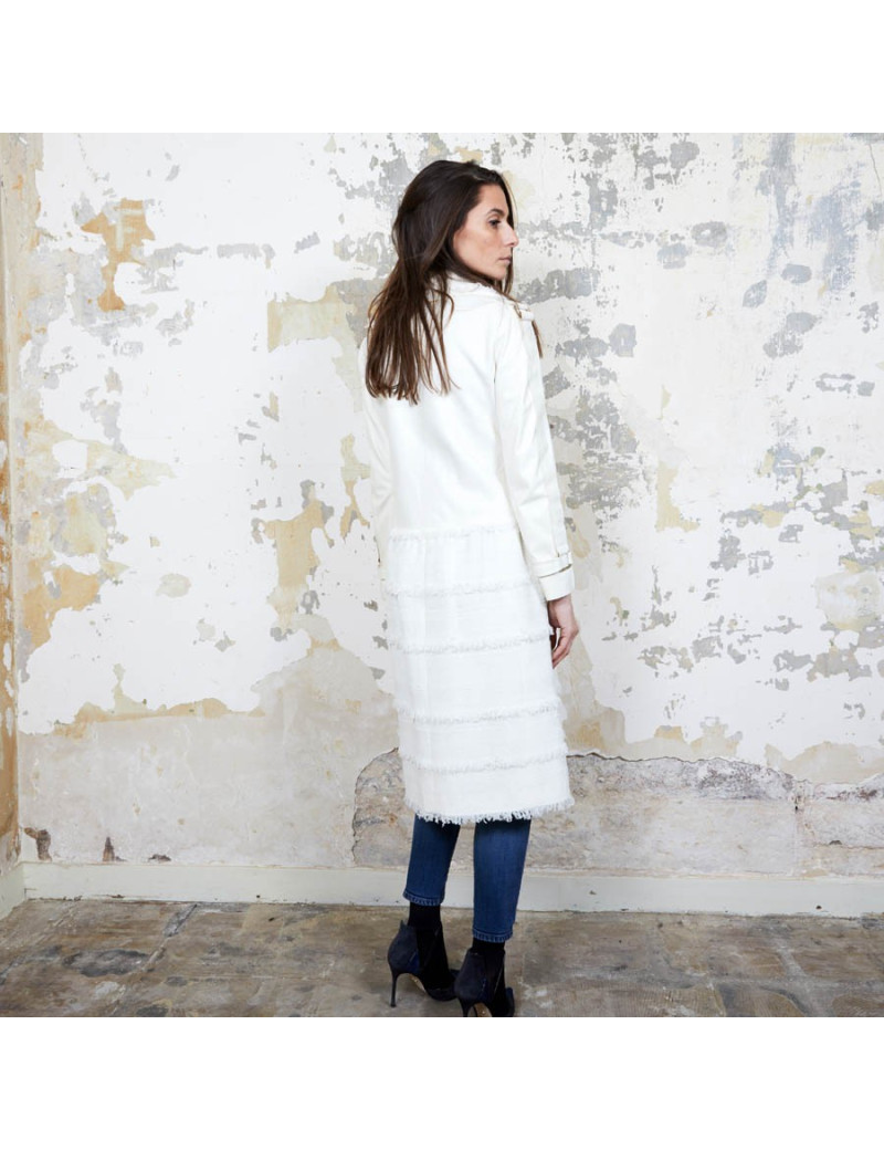 Manteau CHANEL T  cuir et tweed bege