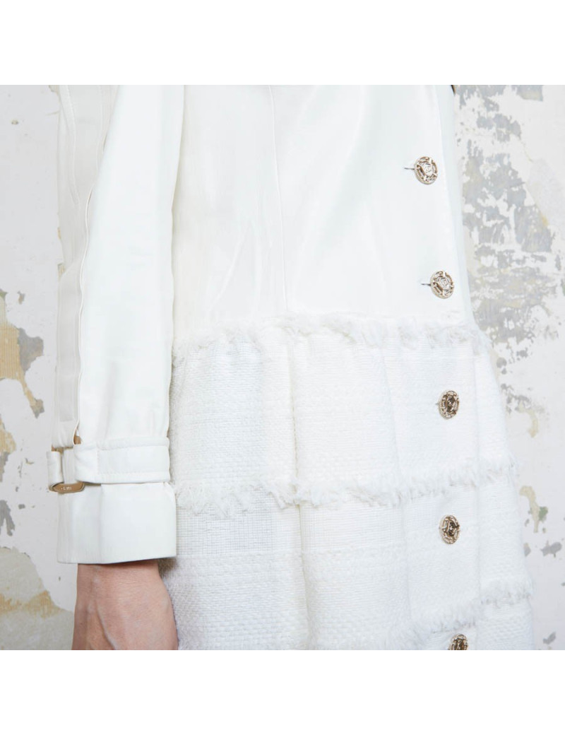 Manteau CHANEL T  cuir et tweed bege