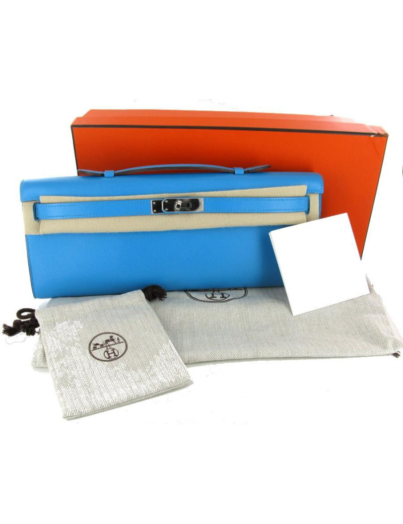 Pochette KELLY CUT  en chèvre calcutta bleu azteque