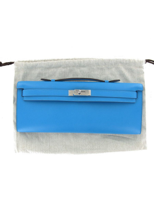 Pochette KELLY CUT  en chèvre calcutta bleu azteque