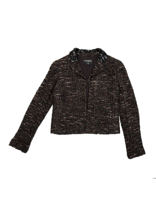 Veste CHANEL T  en tweed marron et fils brillants noirs