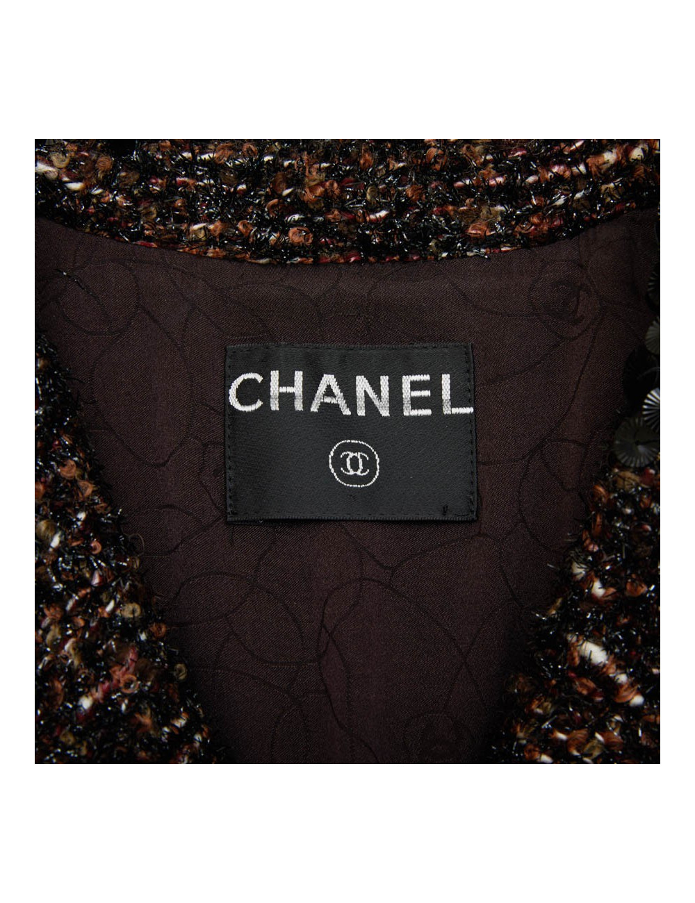 CHANEL T40 jacket in brown tweed and black shiny threads