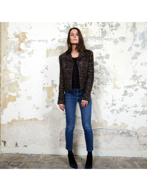 CHANEL T40 jacket in brown tweed and black shiny threads