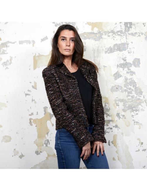 CHANEL T40 jacket in brown tweed and black shiny threads