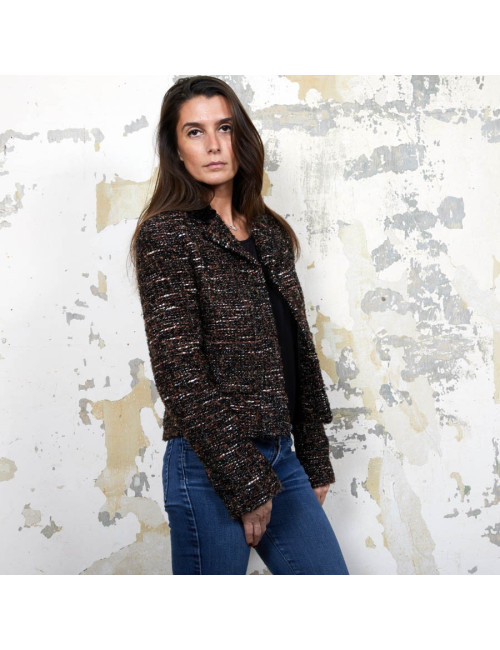 CHANEL T40 jacket in brown tweed and black shiny threads