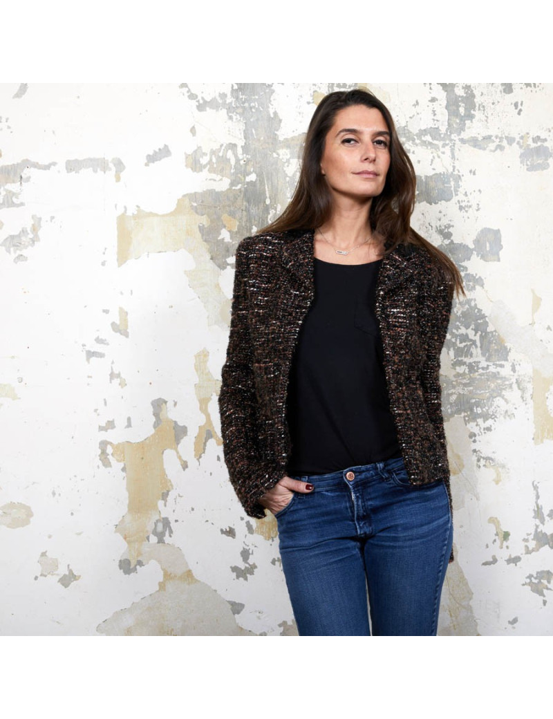 CHANEL T40 jacket in brown tweed and black shiny threads