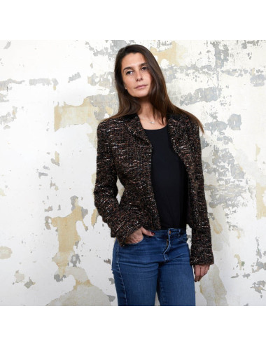 Veste CHANEL T  en tweed marron et fils brillants noirs
