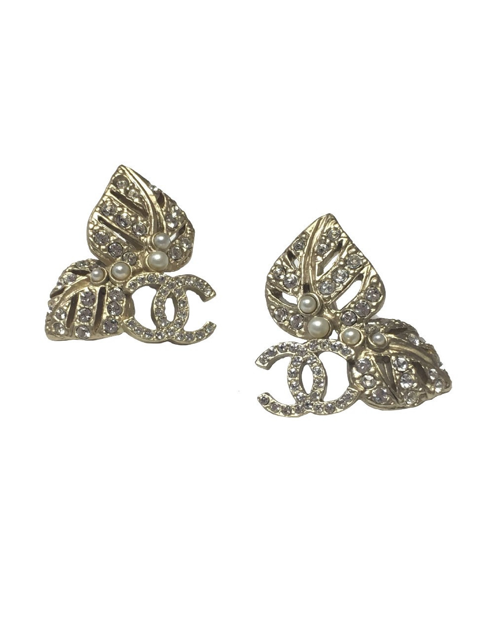 CHANEL leaves and CC stud earrings in matt gilded metal, rhinestones and pearls