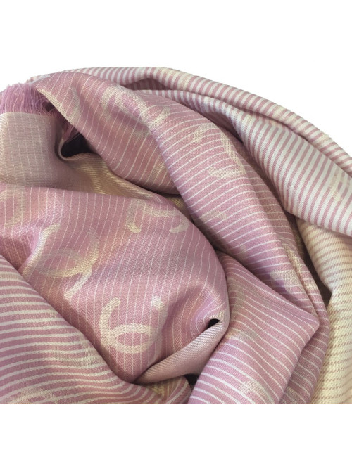CHANEL shawl with small fringes in pink and white cotton and silk