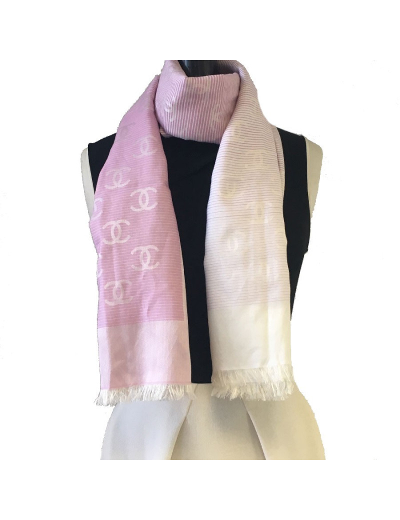 CHANEL shawl with small fringes in pink and white cotton and silk