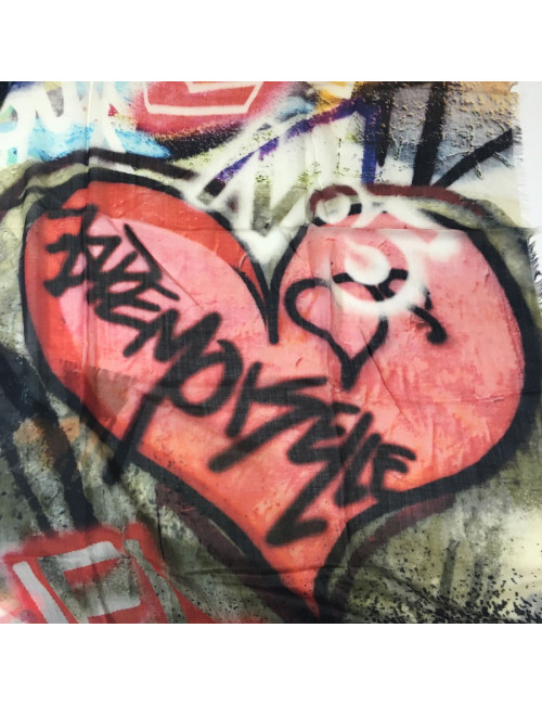 Châle CHANEL à petites franges graffiti en cachemire multicolore